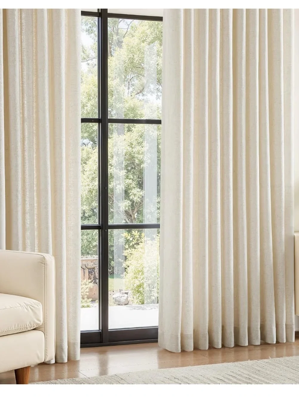 Pinch Pleated Linen Curtains with Hooks & Rings 84” SEMI-SHEER (2-Panels) CREAM